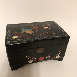 Vintage Japanese Jewelry Box Mother Of Pearl Inlay Hand Painted