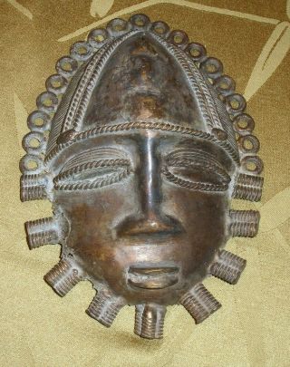 Vintage Bronze Wall Mask Of Oba From Benin
