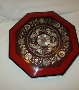 Vintage Octagon Lacquer Wood & Mother Of Pearl 9 Section Lidded Tray Relish