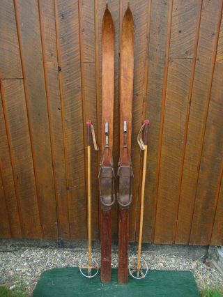 Gorgeous Wooden 70 " Long Skis W/ Bindings Finish,  Bamboo Poles