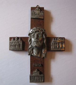 Wall Cross Head Of Christ Four Cathedrals From Rome Metal And Wood 6 "
