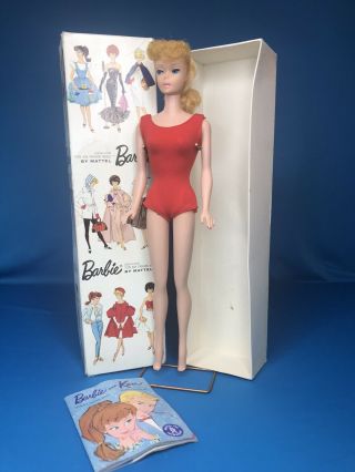 Vintage 6 Blonde Ponytail Barbie Doll W Box,  Stand & Booklet Pink Lips