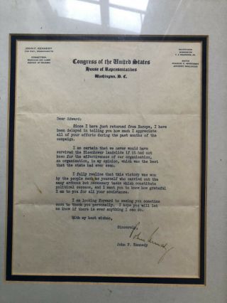 Authentic John F Kennedy Signed Letter As Congressman.