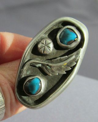 Vintage Old Pawn Navajo Long Sterling Bisbee Turquoise Feather Starburst Ring