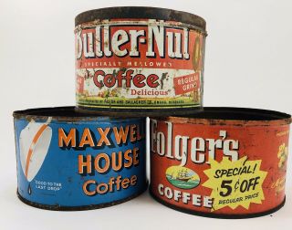 Vintage Set: Butternut,  Maxwell House And Folgers Coffee Tins