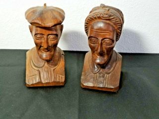 Vintage Folk Art Carved Black Forest Wood Bookends Old Man & Old Women
