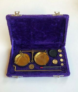Vintage Polished Brass Jewelry Balance Scale With Velvet Box And Completed Weigh