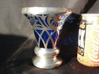 Vintage Art Deco Cobalt Blue Venetian Glass Vase Pot Silver Overlay