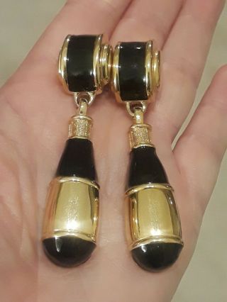 Vintage Givenchy Signed Gold Tone And Black Enamel Dangle Drop Clip On Earrings