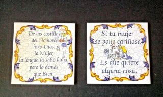 Pair Vtg Spain Ceramic Spanish Proverb Hand - Painted Decor Talavera 6”x6” Tiles