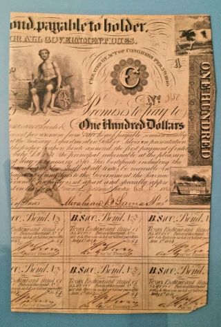 Republic Of Texas Bond - Partial - Signed By Mirabeau B.  Lamar - $100