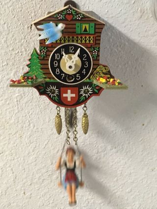 Swiss Chalet Wind Up Clock With Girl On Swing,  Roof Missing 2