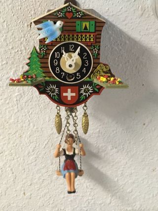 Swiss Chalet Wind Up Clock With Girl On Swing,  Roof Missing 3