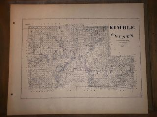 1890 Kimble County Texas Map Land Office Austin Blue Line Antique Vintage