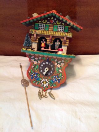 Vintage 7 " German Miniature Chalet Style Cuckoo Clock W/barometer