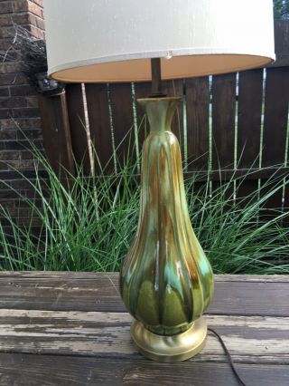 Vtg Mcm Drip Glaze Ceramic Table Lamp Light Green Gold Brown Retro W Shade