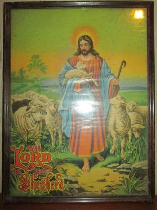 Vintage Wood Framed Jesus Religious The Lord Is My Shepherd Lithograph Print