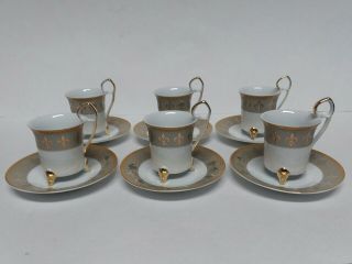 Italian Fine Porcelain Footed Demitasse Tea Cup & Saucer Set 12 PC Fleur De Lis 2