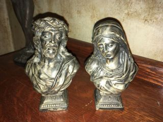 Vintage Spelter Metal Casts Of Bust Of Mary & Jesus.