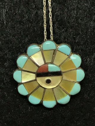 Vintage Sterling Silver Zuni Sun Face Pendant Brooch Necklace Turquoise