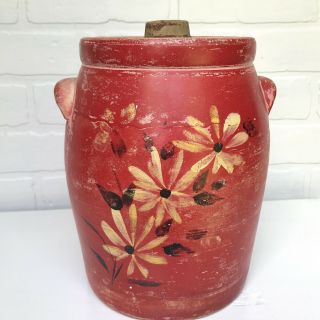 Vintage Primitive Stoneware Crock Cookie Jar W/ Lid Handles Hand Painted Floral