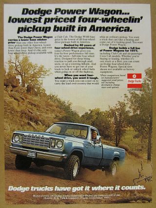 1977 Dodge W100 Power Wagon Pickup Blue Truck Photo Vintage Print Ad