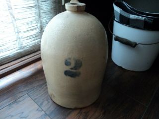 Antique Primitive Early Stoneware Salt Glazed Pottery Jug Handle Crock 2