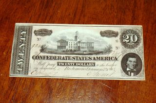 Antique Civil War Confederate 1864 20 Dollar Bill Richmond Virginia Paper Money