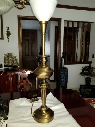 Vintage Stiffel Brass Table Lamps With Milk Glass Diffuser Shades