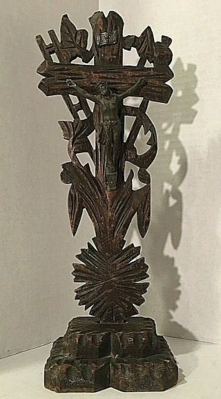 Old Vintage Black Forest Hand Carved Wood Crucifix