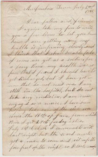 July 1862 Civil War Soldier Letter Murfreesboro Tn 3rd Minn Infantry