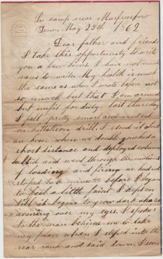 1862 Civil War Soldier Letter Murfreesboro Tn 3rd Minn Infantry - Great Content