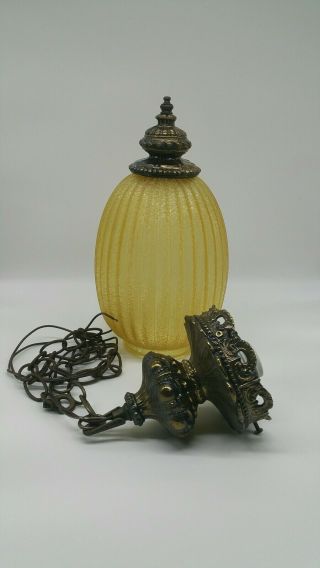 Vintage Large Glass Swag Ceiling Light,  Ornate Brass Pendant Fixture,