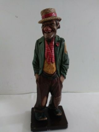 Vintage Clown Hobo Statue 17 " Tall Wood Hat Torn/patches Clothes Base