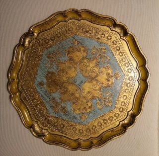 Vintage Italian Florentine Wood Tray Platter Blue Gold 17 "