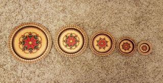 5 Hand Painted Round Wood Nesting Plates Wall Hanging Plaques Hungarian Vtg 2
