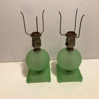 Antique Pair Green Vaseline Glass Art Deco Electric Table Lamps