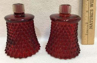 Votive Cups Ruby Red Candle Holders Glass Diamond Design Vintage Pair Set 2