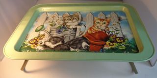 Vintage Kittens Metal Tv Lap Tray Cats Dinner Folding Legs Garden 17 X 12.  5