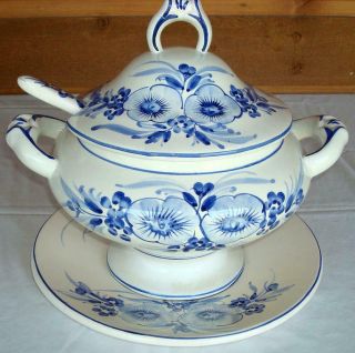 Vtg 4 - Pc Pinacle 1670 Ceramic Soup Tureen Cobalt Blue Hand Made/painted Portugal