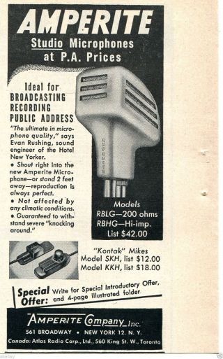 1950 Print Ad Of Amperite Co Model Rblg Skh & Kkh Studio Microphones
