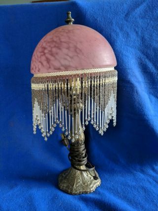 Vintage Art Nouveau Lamp With Pink Frosted Glass Shade & Beaded Fringe