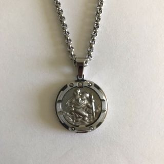 Saint St Christopher Protect Us Oval Silver Medal Pendant Necklace 24” Chain