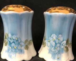 Hand Painted Porcelain Antique Style Salt And Pepper Shakers Blue Flowers