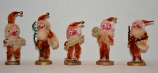 Set Of 5 Vintage Chenille Santa Figures Made In Japan