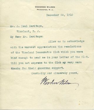 Woodrow Wilson Signed Letter.  Psa/dna Letter Of Authenticity