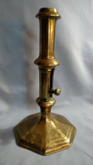 18th Century Queen Anne Antique Brass Candlestick With Ejector