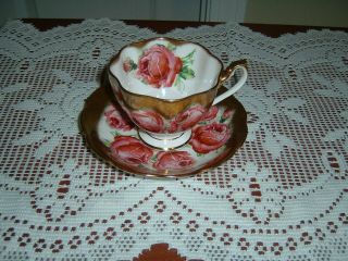 - Vintage Cabbage Rose Queen Anne Tea Cup & Saucer Gold Gilded