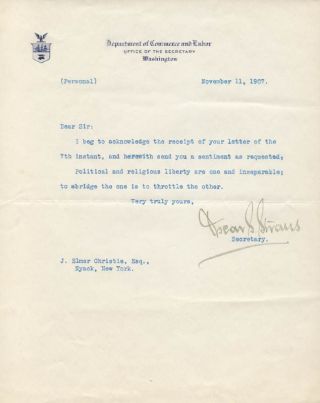 Oscar S.  Straus - Typed Letter Signed 11/11/1907