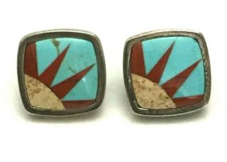 Vintage Zuni Inlay Sterling Silver 925 Earrings Sun Turquoise Agate Post Back